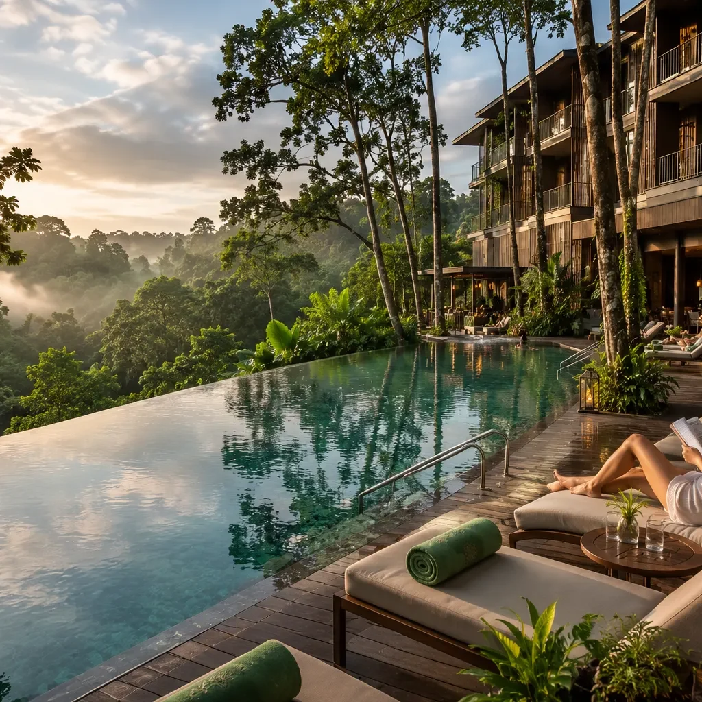 Mandai Rainforest Resort infinity pool overlooking dense tropical rainforest, guests relaxing beside crystal-clear water, misty jungle backdrop, luxury eco-tourism experience, natural wood finishes, peaceful ambiance, cinematic lighting, realistic travel photography, highly detailed, 4K quality