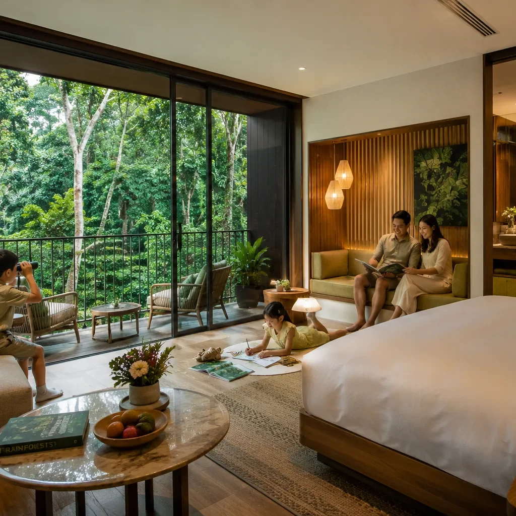 Mandai Rainforest Resort family suite with floor-to-ceiling windows facing the rainforest, warm natural materials, modern eco-luxury design, parents and children enjoying a relaxing stay, soft natural light, inviting atmosphere, ultra-realistic interior photography, premium hospitality style