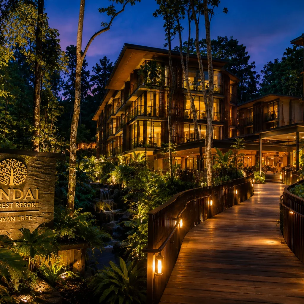 Mandai Rainforest Resort at dusk, softly illuminated pathways winding through tropical greenery, elegant resort buildings nestled in the rainforest, warm ambient lighting, peaceful luxury retreat, cinematic evening atmosphere, ultra-realistic photography, travel brochure quality, highly detailed, 4K