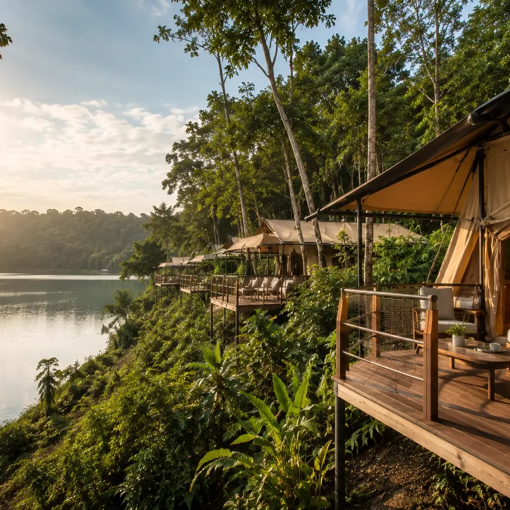 Reservoir Retreat (Colugo Camp), luxury glamping tents nestled beside a tranquil reservoir, surrounded by lush tropical rainforest, elegant canvas accommodations, wooden decks overlooking the water, peaceful nature retreat, warm morning sunlight, eco-luxury camping experience, ultra-realistic photography, premium travel brochure quality, highly detailed, 4K.