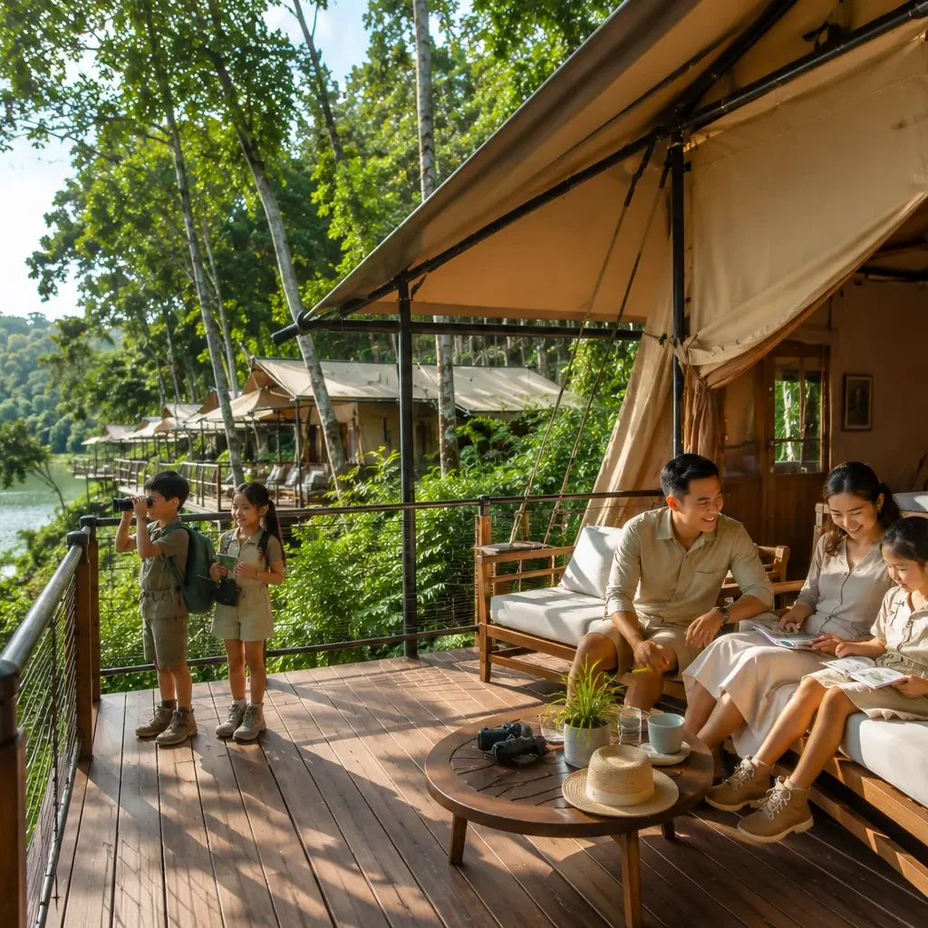 Families enjoying a stay at Reservoir Retreat (Colugo Camp), spacious safari-style tents surrounded by tropical greenery, children exploring nature, relaxing outdoor seating area, serene reservoir views, immersive eco-adventure experience, natural sunlight, vibrant colors, realistic travel photography, family-friendly getaway, 4K resolution.