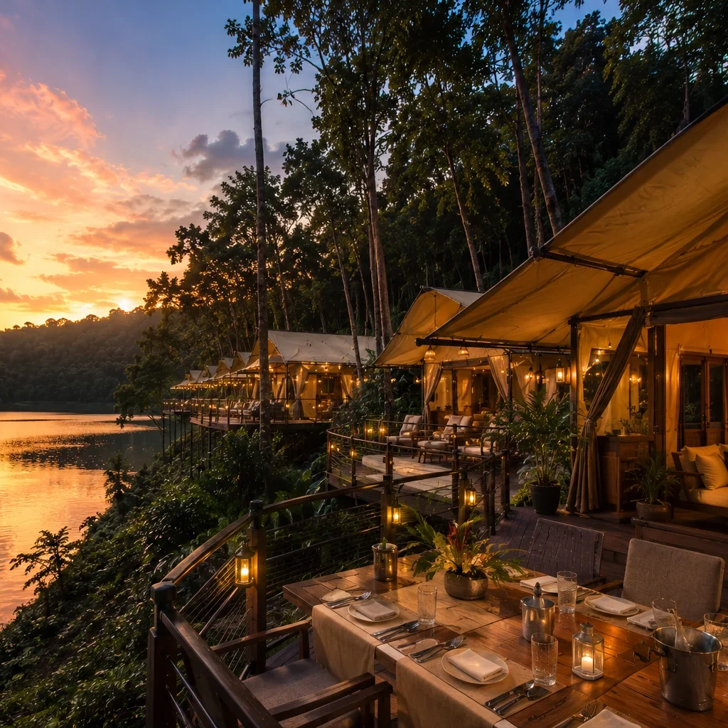 Reservoir Retreat (Colugo Camp) at sunset, luxury glamping tents illuminated with warm lights, calm reservoir reflecting golden evening skies, tropical rainforest backdrop, peaceful outdoor dining setup, relaxing nature escape, cinematic atmosphere, ultra-realistic photography, luxury eco-tourism destination, highly detailed, 4K.