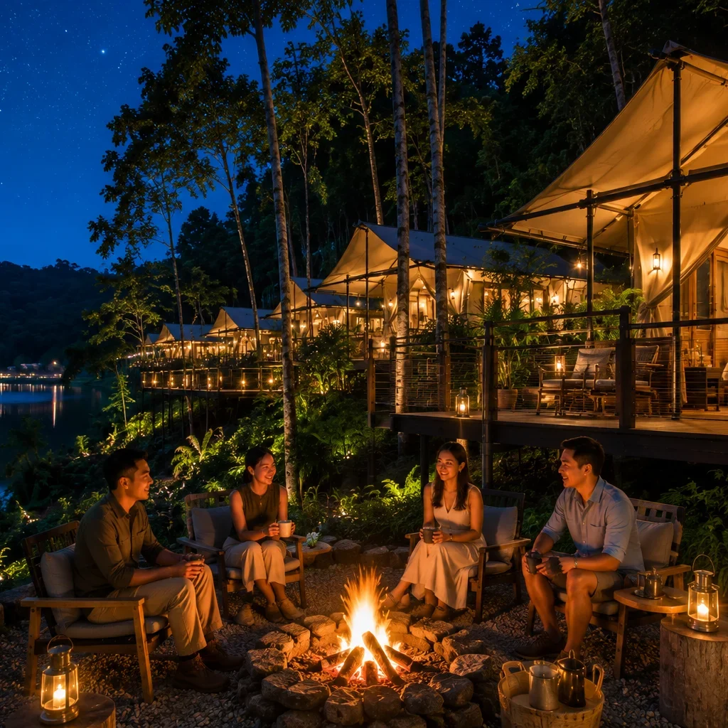 Reservoir Retreat (Colugo Camp), cozy campfire gathering beside luxury glamping tents, guests enjoying a tranquil evening surrounded by rainforest sounds, reservoir nearby, warm ambient lighting, clear night sky, eco-luxury adventure retreat, immersive outdoor experience, realistic photography, travel marketing quality, 4K.