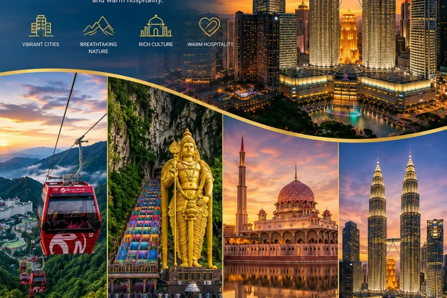 Malaysia travel package promotional banner featuring Petronas Twin Towers, Genting Highlands cable car above misty rainforest, Batu Caves with giant golden Lord Murugan statue and colorful staircase, Putra Mosque reflected in calm lake waters at sunset, luxury travel theme, vibrant colors, professional tourism advertisement design, premium holiday package marketing poster, realistic photography, ultra detailed, cinematic lighting
