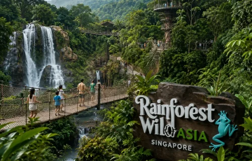 Rainforest Wild ASIA Singapore, breathtaking tropical rainforest landscape from an elevated viewpoint, dense jungle canopy, cascading waterfalls, winding nature trails, adventurous visitors exploring suspended bridges, misty rainforest atmosphere, lush greenery, immersive wildlife adventure destination, cinematic lighting, ultra-realistic travel photography, vibrant colors, 4K tourism marketing image.