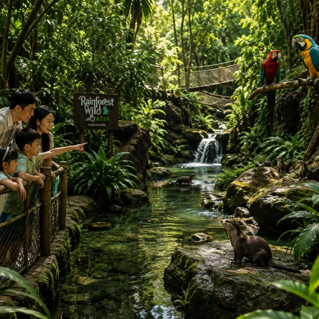 Rainforest Wild ASIA Singapore wildlife experience, visitors observing exotic animals in natural rainforest habitats, dense jungle vegetation, crystal-clear streams, immersive eco-tourism attraction, educational adventure atmosphere, vibrant tropical scenery, realistic nature photography, ultra-detailed, family-friendly wildlife destination, cinematic composition, 4K quality.