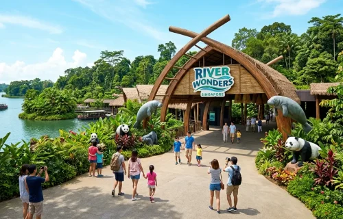 River Wonders Singapore entrance surrounded by lush tropical rainforest, visitors walking towards the attraction, vibrant greenery, beautiful riverside setting, exotic wildlife-themed architecture, sunny tropical weather, families and tourists enjoying the experience, colorful landscaping, world-class nature park atmosphere, ultra-realistic travel photography, vibrant colors, high detail, professional tourism marketing image