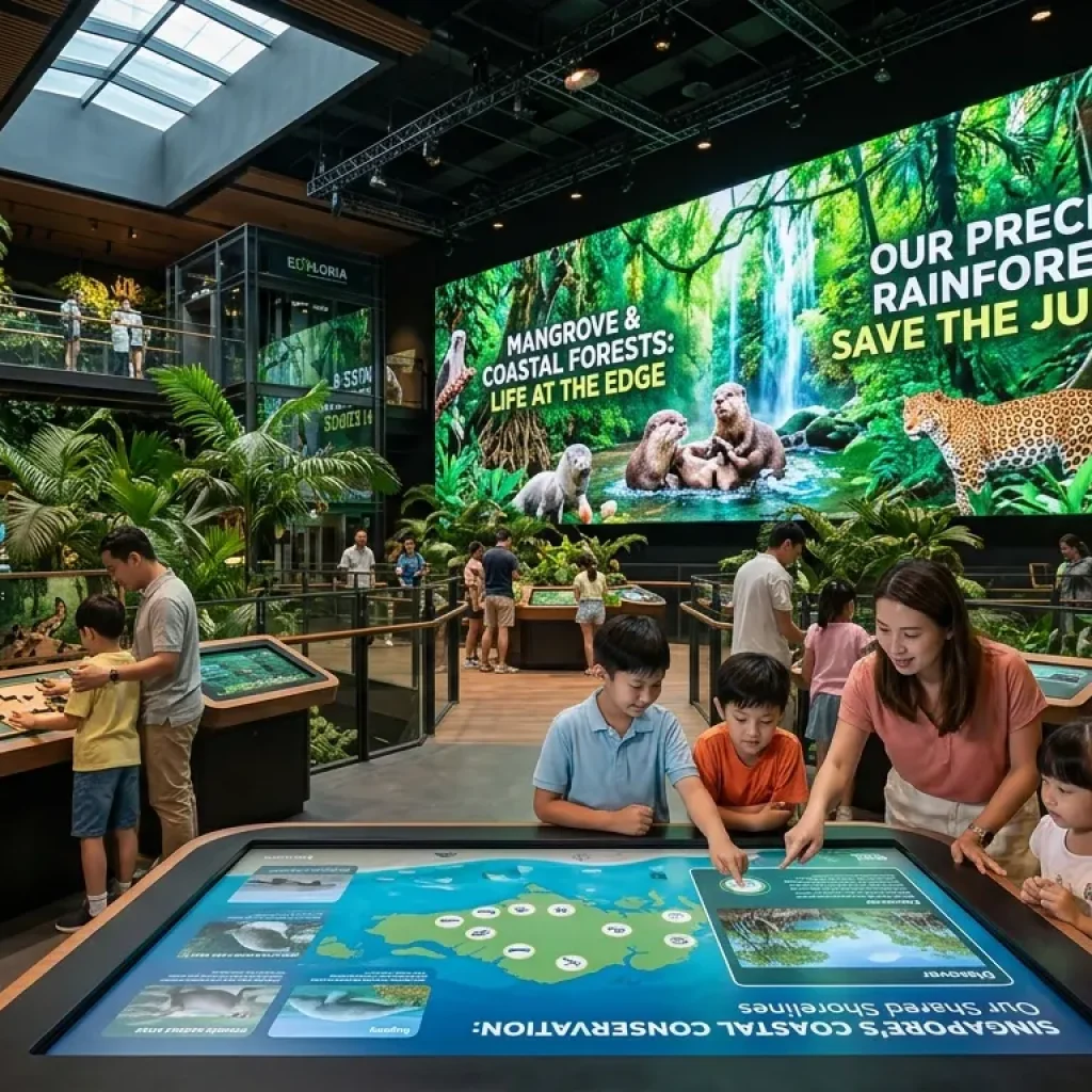 Exploria Singapore Zoo indoor attraction, visitors discovering wildlife conservation through interactive exhibits, large digital screens displaying rainforest ecosystems, engaging educational activities, children learning about animals and nature, modern exhibition design, realistic travel photography, vibrant colors, cinematic lighting, highly detailed, 4K quality.