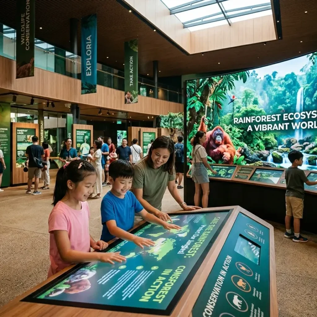 Families exploring Exploria at Singapore Zoo, children interacting with immersive wildlife-themed installations, educational displays about animal habitats and biodiversity, exciting discovery atmosphere, contemporary indoor attraction, joyful family experience, ultra-realistic photography, premium tourism advertisement style, vibrant details, 4K resolution.