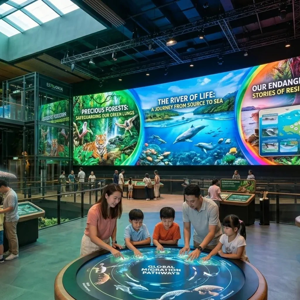 Exploria Singapore Zoo, futuristic indoor wildlife exploration center, interactive digital exhibits showcasing forests, rivers and endangered species, immersive multimedia environment, visitors engaged in educational experiences, innovative conservation storytelling, modern architecture, cinematic lighting, ultra-realistic photography, world-class attraction, 4K travel promotional image.