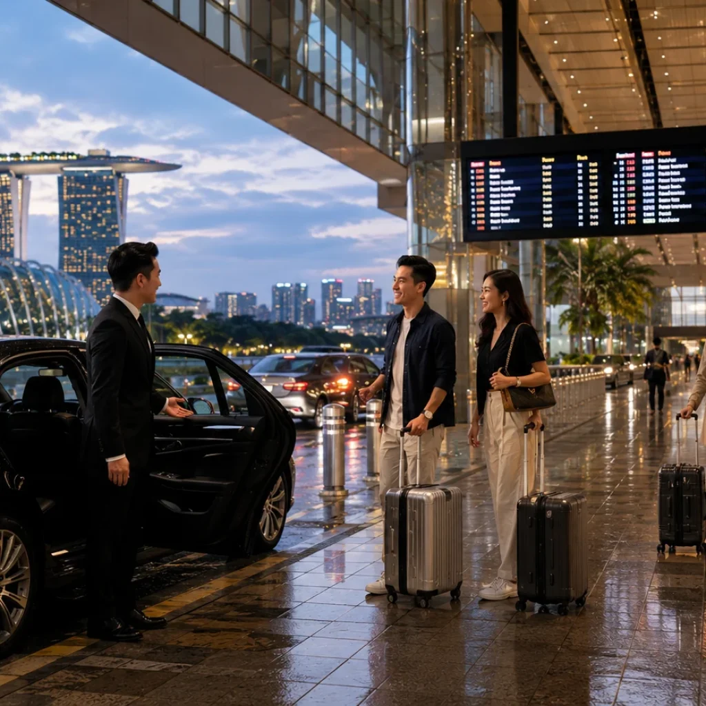 Ultra-realistic luxury airport transfer scene at Singapore Changi Airport during Formula 1 weekend, travellers arriving with luggage, airport arrival hall, illuminated flight information boards, premium chauffeur welcoming guests, modern airport architecture