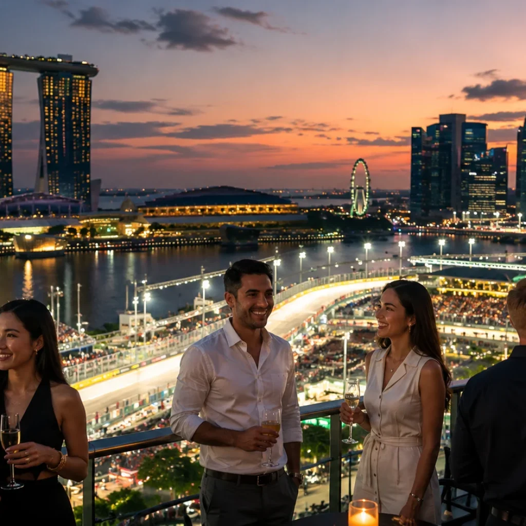 Ultra-realistic Singapore Formula 1 weekend atmosphere near Marina Bay Street Circuit at sunset, illuminated city skyline, race circuit lights, luxury hotels, excited international travellers, premium travel experience, vibrant nightlife