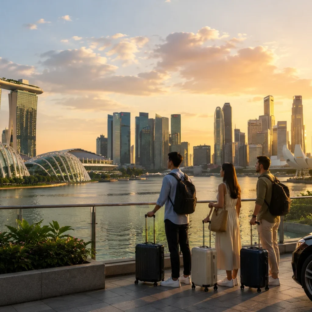 Premium Singapore tourism scene featuring Marina Bay Sands, Singapore Flyer, Gardens by the Bay and the downtown skyline during golden hour, international travellers with luggage beginning their vacation, luxury travel atmosphere