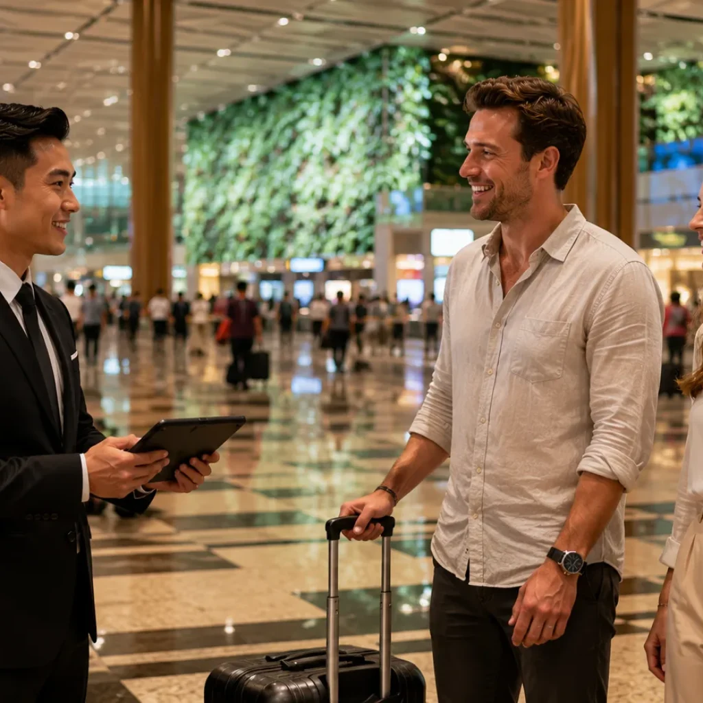 Professional airport chauffeur holding a digital welcome tablet inside Singapore Changi Airport arrival terminal, smiling international travellers, premium hospitality, elegant airport environment, luxury travel service