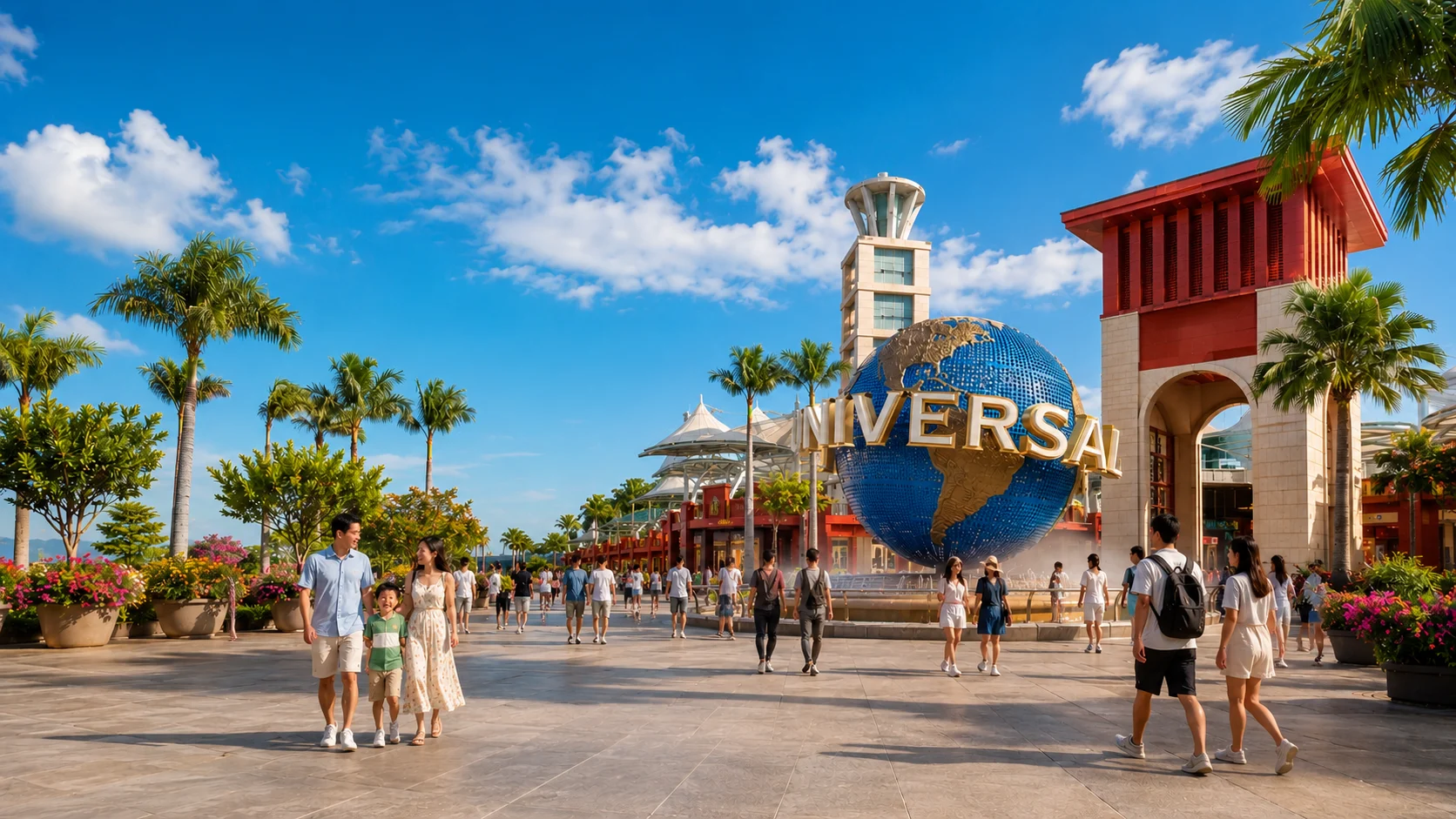 Universal Studios Singapore entrance with the iconic rotating Universal globe fountain as the main focal point, grand Hollywood-inspired entrance architecture, vibrant red and gold buildings, lush tropical palm trees and landscaped gardens, bright blue sky with soft white clouds, colorful festive banners, clean pathways, exciting theme park atmosphere